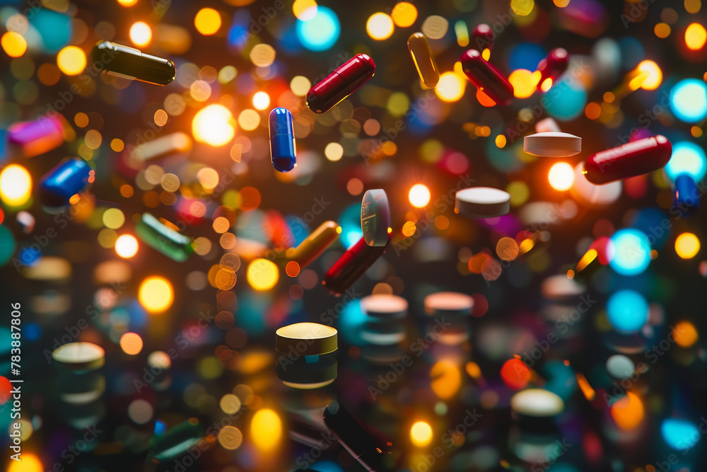 Poster a colorful pill cloud is floating in the air. the pill cloud is made up of many different colored pi