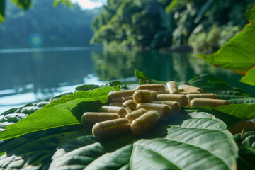 A bunch of pills are on a leaf
