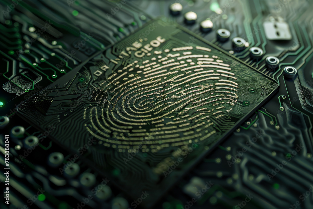 Poster a close up of a fingerprint on a circuit board. the fingerprint is very detailed and the image is ve
