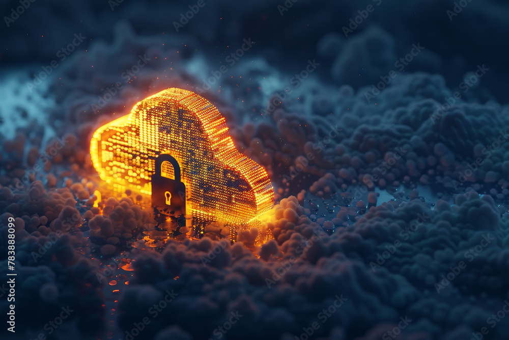 Poster a cloud with a lock on it. the lock is glowing and the cloud is surrounded by a lot of small particl