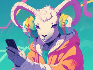 Cartoon goats wearing a hoodie and DJ or hip hop style headphones