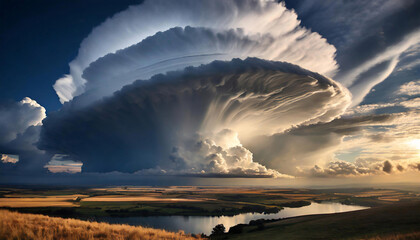 Cumulonimbus cloud towers over a lush landscape, sunlit valley surrounded by rolling hills during sunset.