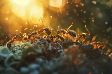 Macro shot of ants working on their anthill - obrazy, fototapety, plakaty