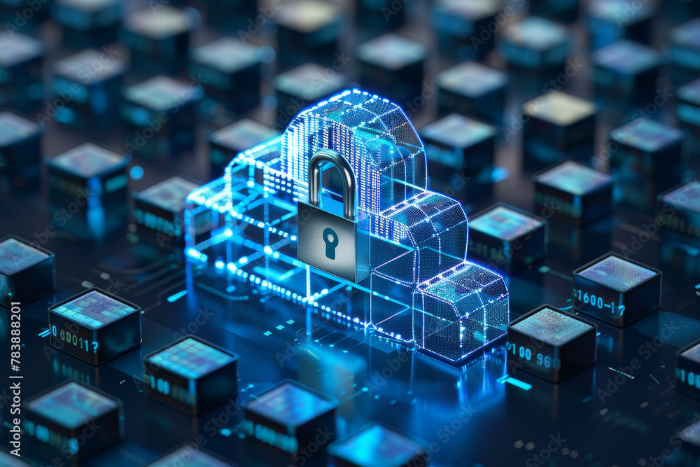 Poster a blue computer chip with a lock on it. the lock is surrounded by many other blue computer chips