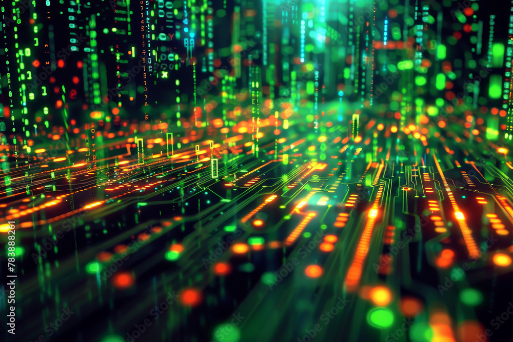 Poster a computer generated image of a cityscape with green and orange lights. the image is full of bright 