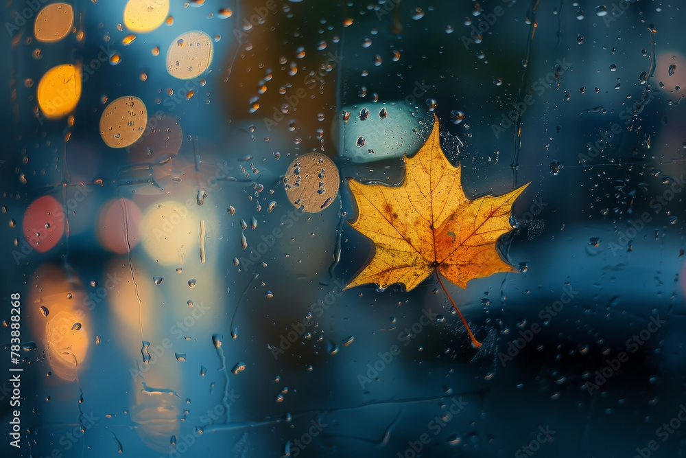 Poster a leaf is floating on a raindrop in a window
