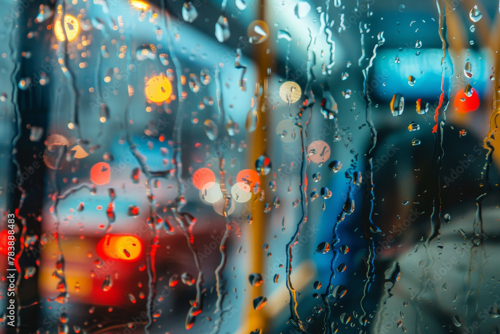 Poster a blurry image of raindrops on a window. the raindrops are scattered and overlapping, creating a sen