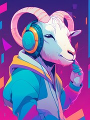 Cartoon goats wearing a hoodie and DJ or hip hop style headphones