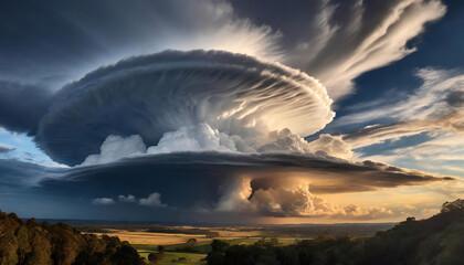 Cumulonimbus cloud towers over a lush landscape, sunlit valley surrounded by rolling hills during sunset.