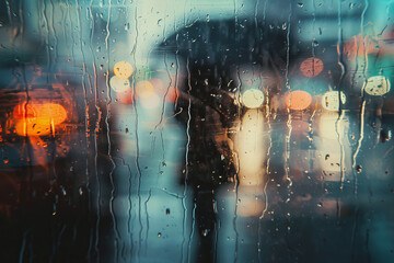 A blurry image of a rainy street with a person walking under an umbrella. The raindrops on the...