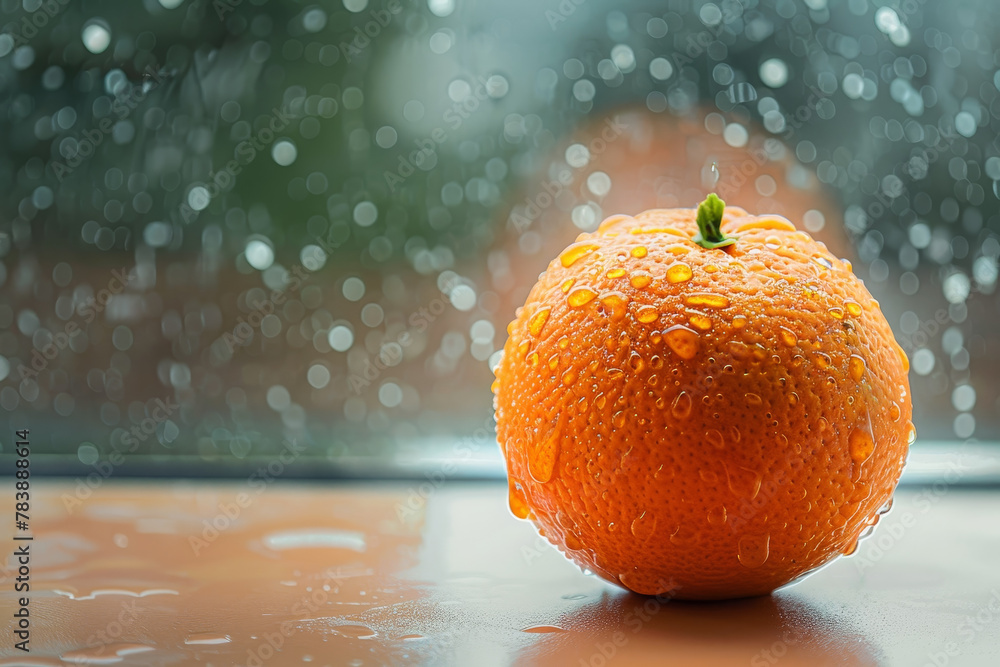 Poster a single orange with a leaf on top is sitting on a table. the water droplets on the orange and the l
