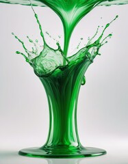 A high-speed capture of a vibrant green liquid splash, creating an abstract and dynamic glass-shaped figure against a pure white background.