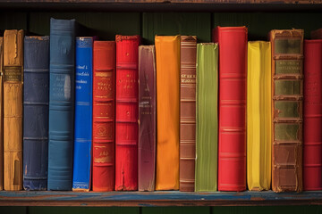 A row of colorful books on a shelf. The books are arranged in a rainbow order, with the red book on...