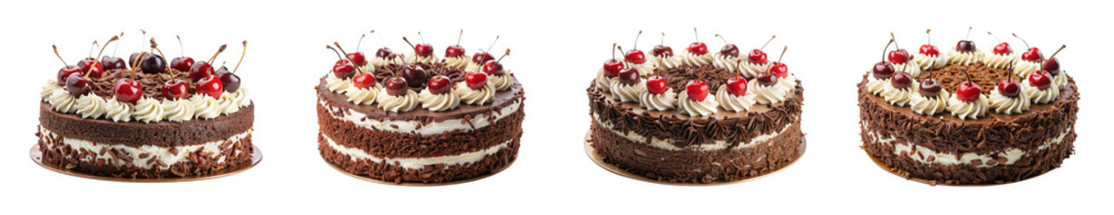 A collection of black forest cakes isolated a German dessert made with chocolate cake, whipped cream, and cherries, decorated with chocolate shavings and maraschino cherries. perfect for any occasion.