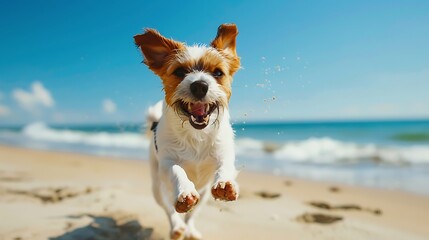 A happy dog running and jumping joyfully on the beach on a sunny summer day - Powered by Adobe