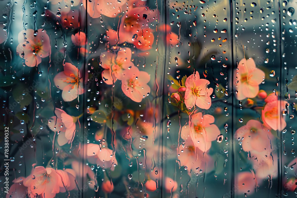 Poster a window with raindrops on it and a tree with pink flowers in the background. scene is peaceful and 