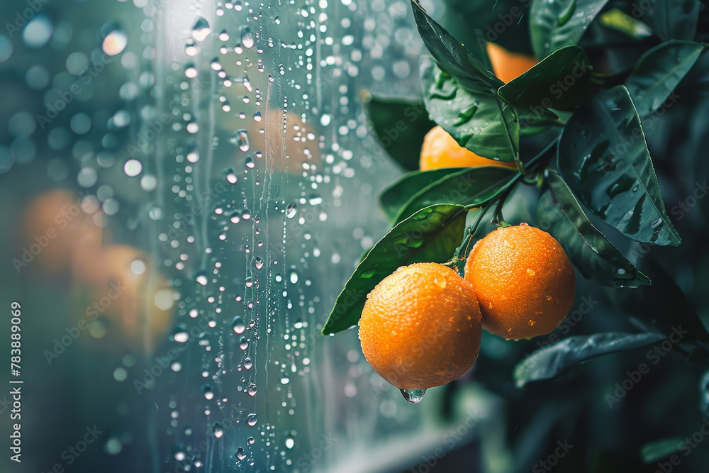 Poster a tree with three oranges on it and raindrops on the leaves. the oranges are wet and shiny