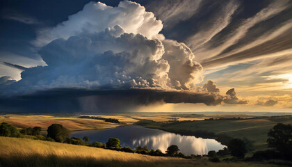 Cumulonimbus cloud towers over a lush landscape, sunlit valley surrounded by rolling hills during sunset.