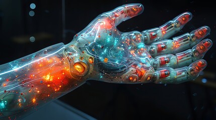 Explore the intricate details of a bionic hand integrated with a visual representation of human emotions through glitch art techniques