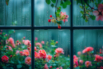 A window with raindrops on it and a view of a garden with red flowers. Scene is peaceful and calming