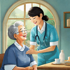 간호사가 요양병원에서 노인을 관리해주는 그림 - obrazy, fototapety, plakaty
