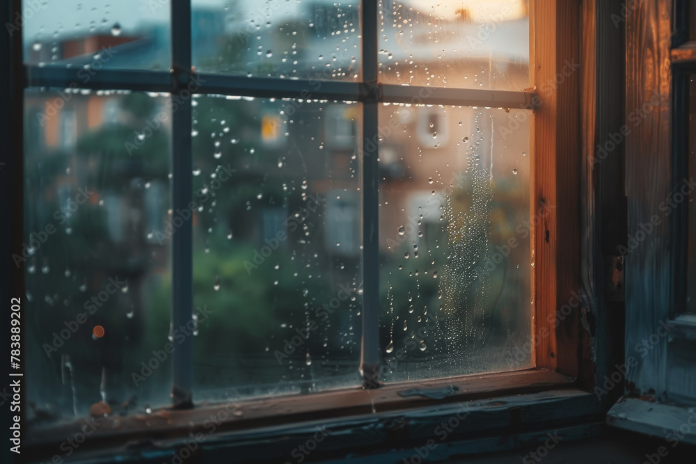 Poster a window with raindrops on it and a view of a city. the rain is coming down in a steady stream, and 
