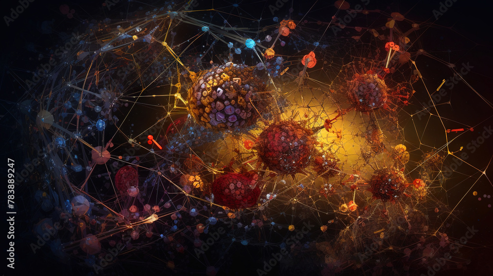 Poster Abstract scientific concept with connected cells and particles. Science microscopic background.