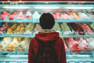 A woman is looking at a display of ice cream in a store. She is wearing a red jacket and a backpack - Powered by Adobe