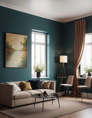 A cozy, modern living room boasting a classic charm with a teal accent wall, chic furniture, and tasteful decor illuminated by natural light.