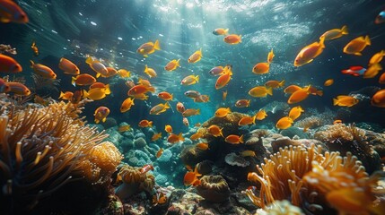 A captivating glimpse of Thailand's underwater world, where vibrant corals and exotic fish dance in the currents. - obrazy, fototapety, plakaty