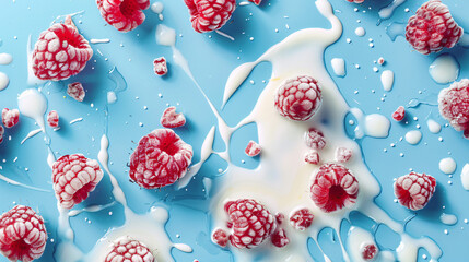 Raspberries and milk explosions on a blue