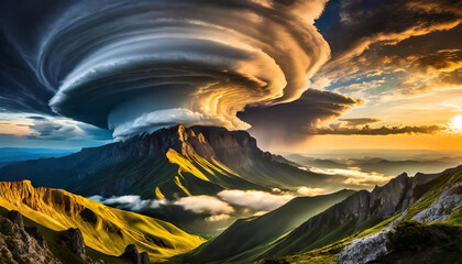 Cumulonimbus cloud towers over a lush landscape, sunlit valley surrounded by rolling hills during sunset.