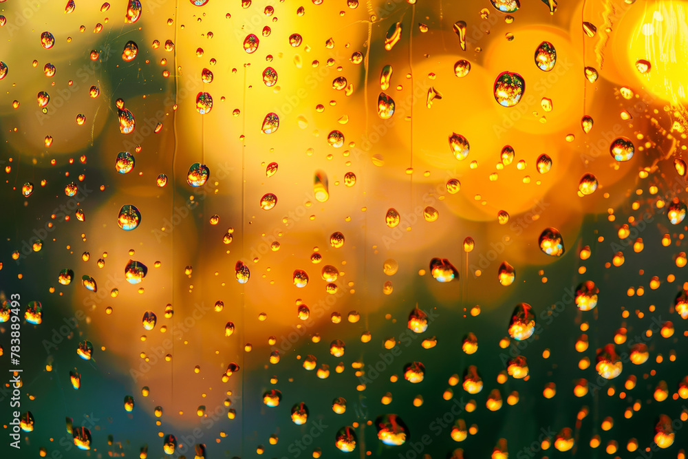 Poster a window with raindrops on it and a sun in the background. the sun is setting and the raindrops are 