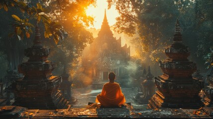 A contemplative moment captured in Thailand's ancient ruins, where echoes of the past whisper tales of glory and grandeur. - obrazy, fototapety, plakaty