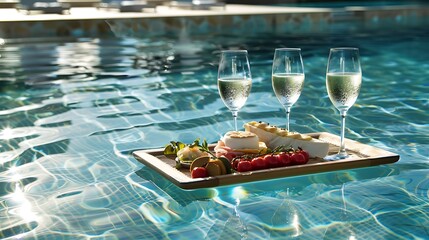 Elegant meal served on a floating tray in the swimming pool