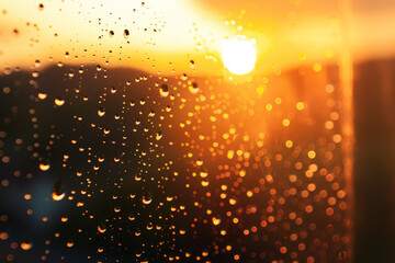 A window with raindrops on it and a sun in the background. The sun is setting and the raindrops are...