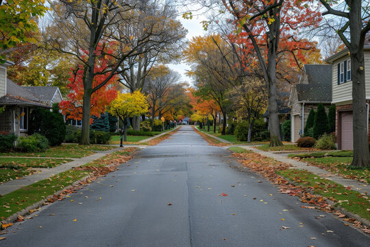 A street with houses on both sides and trees lining the street. The leaves are falling and the street is wet