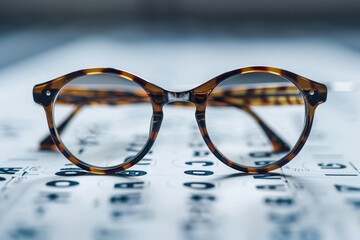 A pair of glasses is on a table with a blue background. The glasses are brown and have a cat-eye shape - obrazy, fototapety, plakaty