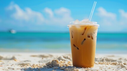 Ice latte coffee with a straw on the table coffee plastic cup of coffee on the beach