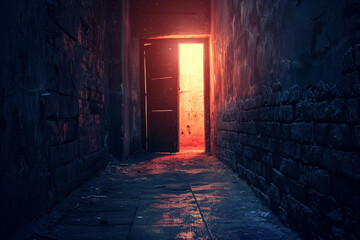 A dark hallway with a door that is open to the light. Scene is eerie and mysterious, as the hallway...