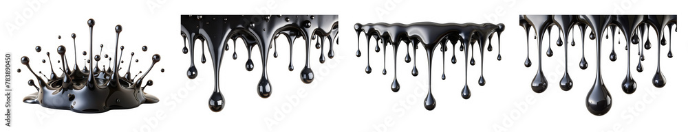 Wall mural set of black paint or ink oil drops isolated on a transparent background. PNG, cutout, or clipping path.	
