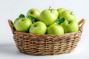 Storage basket filled with green apples, a staple food ingredient