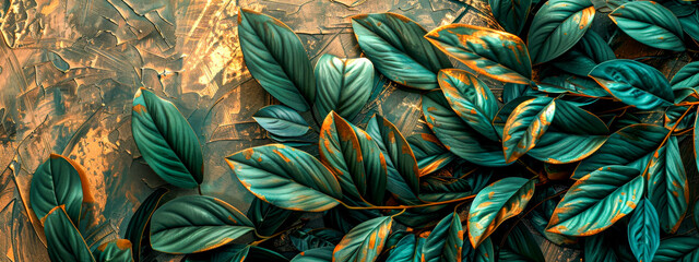 Lush Green Tropical Leaves on Textured Golden Background