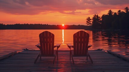 On the wooden dock two Adirondack chairs are facing the sunset orange hues
