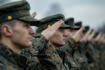 A group of soldiers are lined up and saluting. Scene is solemn and respectful - obrazy, fototapety, plakaty