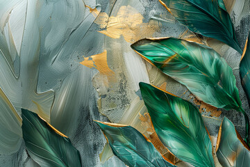 Tropical Green Leaves on Textured Gold and Gray Abstract Background