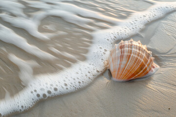 Fototapeta na wymiar A shell is laying on the sand near the water. The shell is orange and white in color