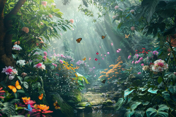 Fototapeta na wymiar A lush, colorful forest with butterflies and flowers