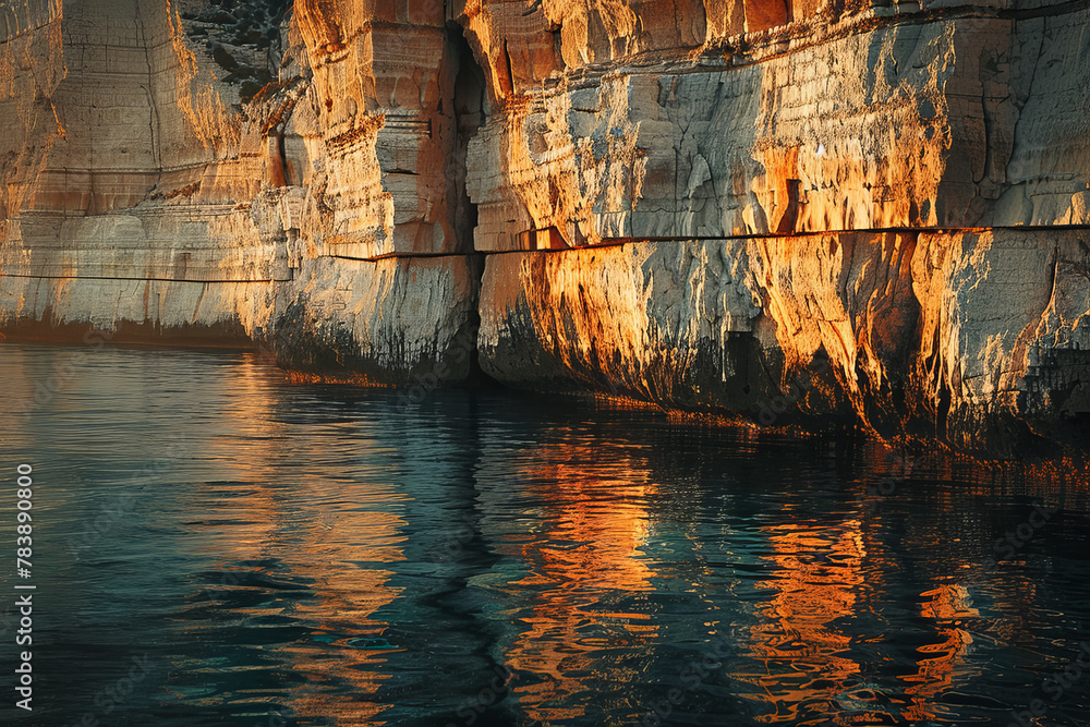 Poster the water is calm and the sun is setting, creating a beautiful reflection on the water. the rocks in