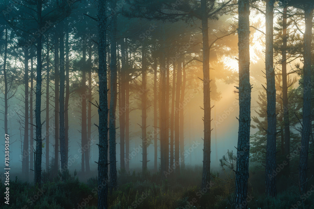 Poster a forest with trees in the foreground and background. the sun is shining through the trees, creating